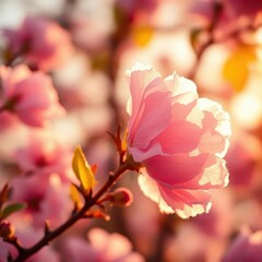 Fototapeta premium Delicate pink cotton candy bloom dissolving in pastel sunrise light, springtime blossoms, cotton candy, fragile