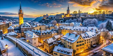 Fototapeta premium A Winters Embrace Panoramic View of Luxembourg Citys Historic Clock Tower Unveiling Architectural Marvels