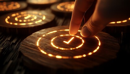 Obraz premium Hand gently tapping on a target icon surrounded by check marks on wooden circles