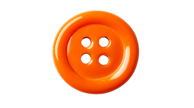 Bright orange button with four holes on black, cut out transparent