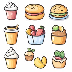 Whimsical Vector of Colorful Dessert Icons: Sweet Indulgence & Healthy Snacks