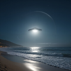 Futuristic UFO Hovering Over Moonlit Ocean Beach at Night - Sci-Fi Spaceship Scene with Distant Planet