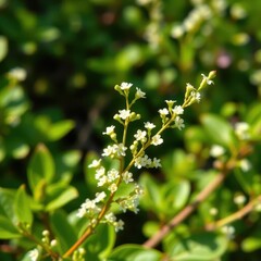 Fototapeta premium Delicate sprig of tiny white blossoms bursting forth from vibrant green foliage, small flowers, woodland, picture