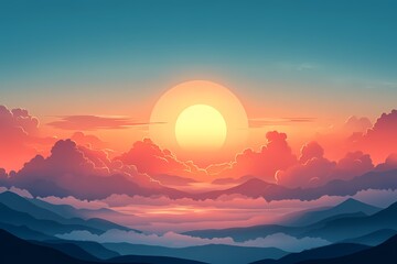 Fototapeta premium Breathtaking Digital Art of a Sunset Over Misty Mountains with Colorful Clouds and Vibrant Sky