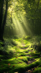 Obraz premium A Tranquil Walk: The Calm and Beauty of Dappled Light on a Forest Path