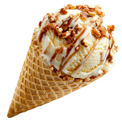 Png of A delicious vanilla ice cream cone topped with crunchy nuts and drizzled caramel.