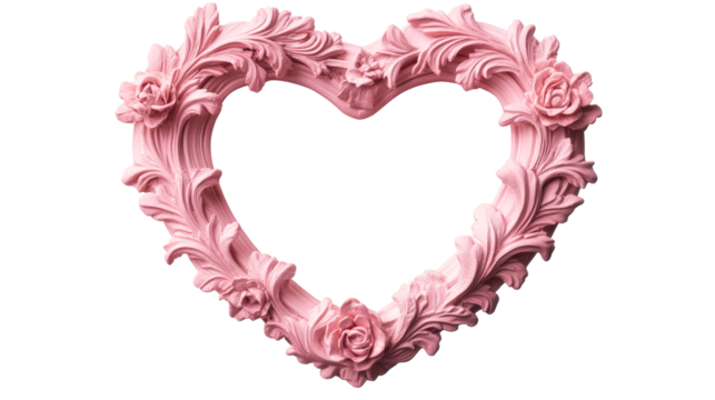 Ornate pink heart frame with roses, vintage design, cut out transparent