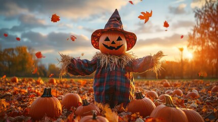 Naklejka premium Large pumpkin scarecrow autumn field