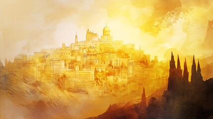 Fototapeta premium Majestic Watercolor Rendering of the New Jerusalem with Abundant Copy Space