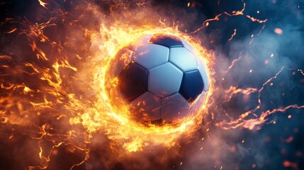 Fiery soccer ball engulfed in flames and smoke.