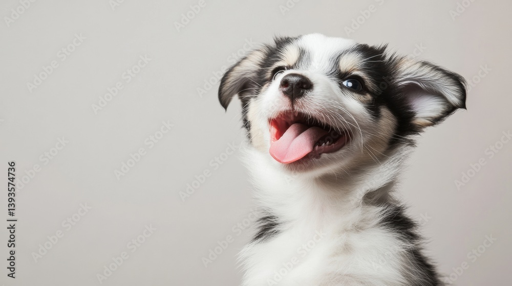Poster happy corgi puppy with tongue out enjoying playful moments in a white studio setting