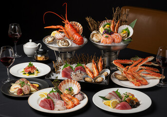 Exquisite Seafood Feast Lobster, Crab, Sashimi, Oysters, Shrimp, Scallops with Wine. Luxury Dining Experience.