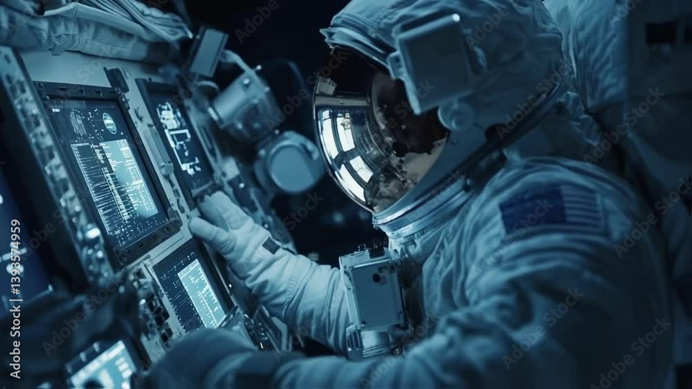 Poster professional astronaut in space suit working on control panel inside spacecraft orbiting earth, push