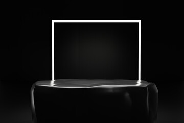 Dark black rock podium for product show case, for cosmetic product display stand with minimalist black background and soft lighting and shadows, modern architectural backdrop, 3d rendering