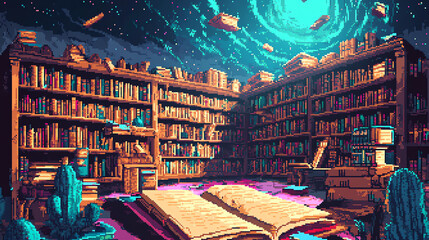 Exploring Pixel Art Library with Open Book and Cosmic Sky View
