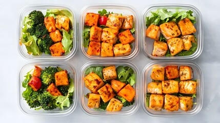 Six plastic containers with food preparation including tofu broccoli and sweet potato.