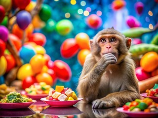 A Thoughtful Monkey Contemplates a Culinary Conundrum Funny Food Image Featuring an Introspective Primate with Space