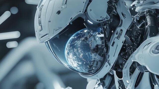 Futuristic android astronaut looking at planet earth through the visor of its helmet, inside a spacecraft with visible bokeh lights in the background