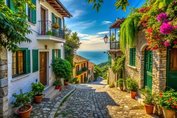 Fototapeta premium Charming Greek Village Street Scene Picturesque Portaria Pilio Greece Discover the Enchanting Beauty of Traditional