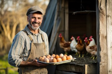 A smiling farmer standing in front of a chicken barn, holding a tray of fresh eggs. The sunlight enhances the saturated colors, creating a warm and cozy atmosphere