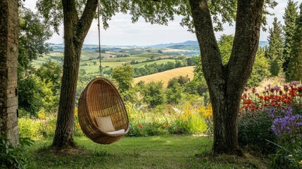 Outdoor woven swing chair landscape view