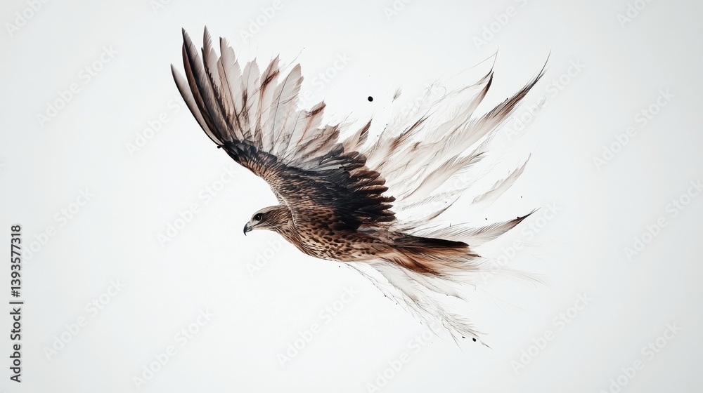 Poster hawk diving through the air with dynamic wings spread wide against a white background showcasing nat