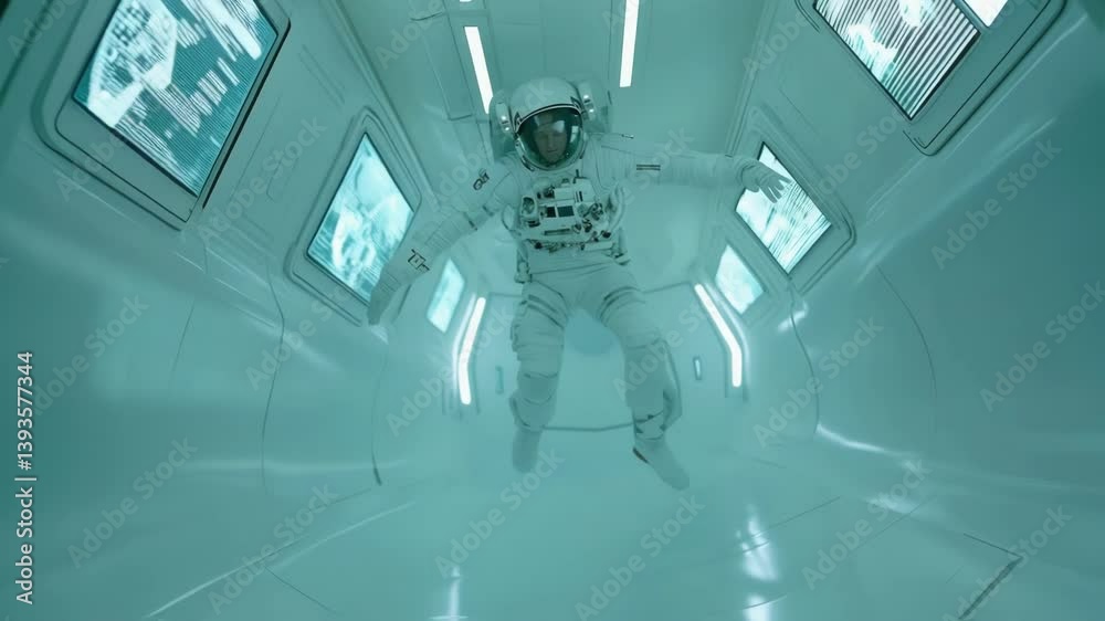 Poster astronaut floats effortlessly through a futuristic space station corridor, illuminated by a cool, am