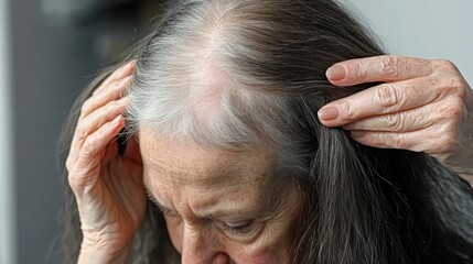 A senior woman examining her thinning hair