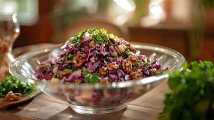 Traditional German red cabbage salad apples and walnuts tossed in a tangy dressing served in a clear glass bowl