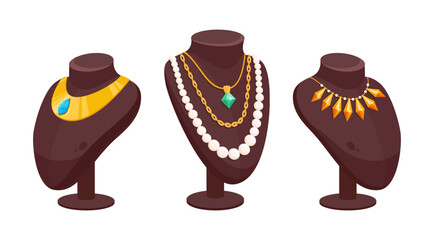 Necklace shop showcase. Precious jewelry accessories, glamorous jewelry on bijouterie shop stand flat vector illustration set. Cartoon jewel shop stands