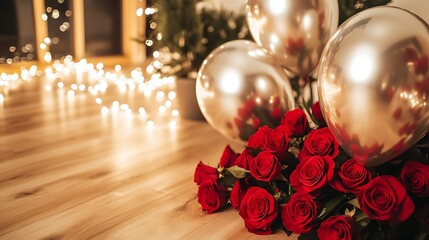 A vibrant arrangement of red roses paired with silver balloons, set against a softly lit background with sparkling fairy lights, creating a romantic atmosphere