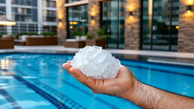 A person holding a large chunk of ice by a luxurious poolside during a warm evening