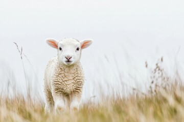 Obraz premium Lamb standing curiously in short grass patch with soft white background highlighting its fluffy coat and innocent expression