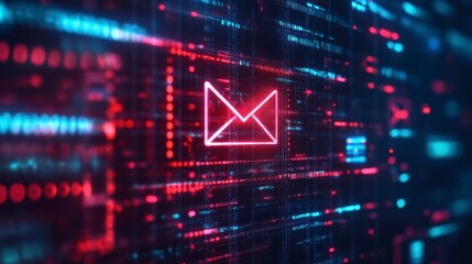 Glowing email icon on digital data stream background.