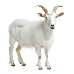 A lone goat stands proudly against a clean white backdrop, emphasizing its unique features in stunning clarity.