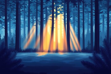 Surreal Forest Scene: Tranquil Tree-Led Dawn with Sunlight Rays and Atmospheric Foliage in an Enchanting Wilderness Landscape
