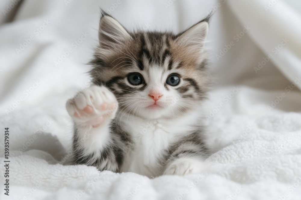 Poster fluffy kitten playfully raising one paw against a soft white background in a minimal setup perfect f