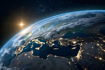 A high-definition satellite image captures Earth at night, illuminated by glowing city lights,Sunrise illuminating Earth's atmosphere, revealing continents, oceans, and city lights from space.


