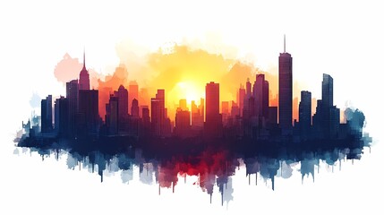 Obraz premium Stunning Urban Skyline at Sunset: A Vibrant Watercolor Cityscape and Digital Illustration Masterpiece