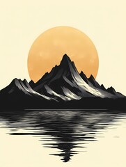 Serene Mountain Range Illustration: Tranquil Sunrise with Water Reflection in Contemporary Graphic Design