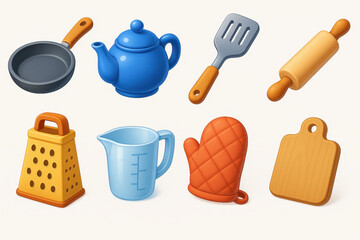 3d kitchen essentials icon set: frying pan, teapot, spatula, and more
