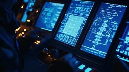 Skilled astronaut wearing protective gloves navigating complex digital interface, monitoring critical spacecraft systems during advanced space mission in dimly lit flight deck