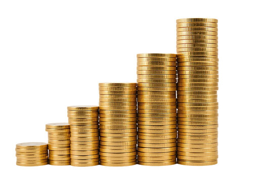 Cinco pilhas de moedas douradas sob fundo branco com reflexo. Arte ilustra&ccedil;&atilde;o para representar economia, reservas, finan&ccedil;as e or&ccedil;amento. Bancos, institui&ccedil;&otilde;es financeiras. Poupan&ccedil;a e investimento. 