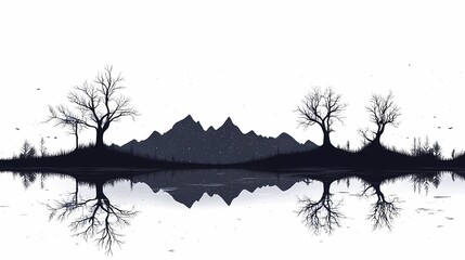 Minimalist Landscape Photography: Black-and-White Reflection of Silhouetted Trees and Mountains on Calm Water