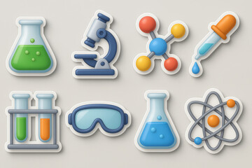 Colorful 3d science icons set: experiment tools, lab equipment, and chemistry symbols