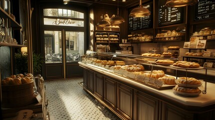 Interior view of a bakery with shelves and a counter filled with baked goods.