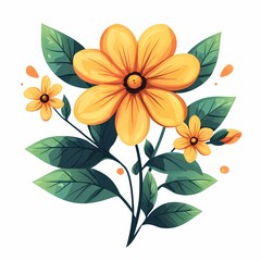Vibrant Floral Illustration: Cheerful Botanical Artwork with Yellow Petals and Green Leaves