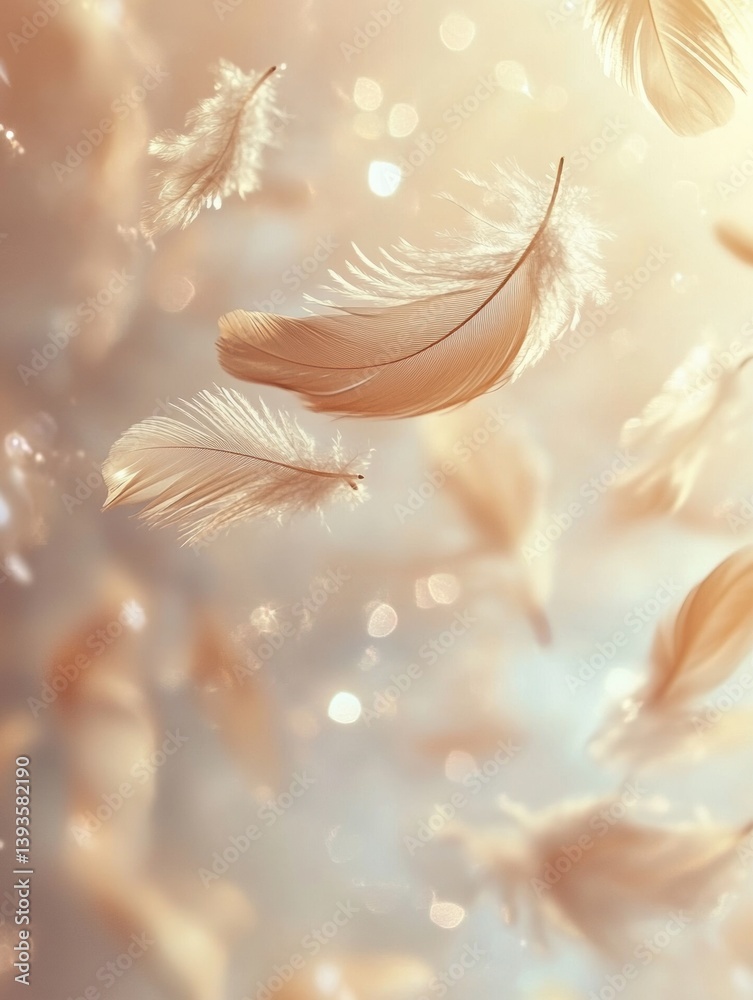 Poster Floating feathers and sparkles create a serene atmosphere on a creamy background with gentle movement capturing a sense of calm and tranquility