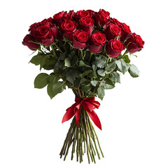 A Bouquet of Lush Red Roses Tied with Ribbon Isolated on Transparent Background
