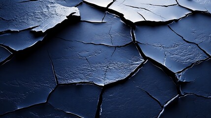 Close-up view of cracked surface in shades of dark blue and black, featuring intricate textures and patterns that evoke a sense of depth and desolation